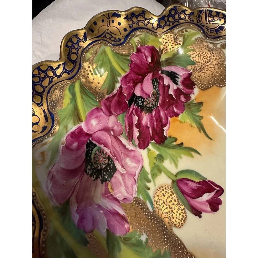 Antique Nippon Porcelain Bowl Poppy Flowers Pink Fuschia Gold Beading 11